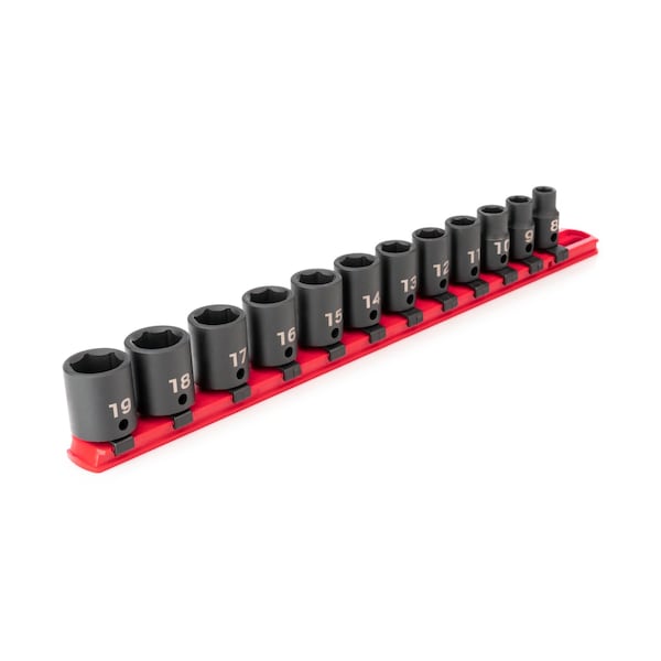 3/8 Inch Drive 6-Point Impact Socket Set with Rail, 12-Piece (8-19 mm)